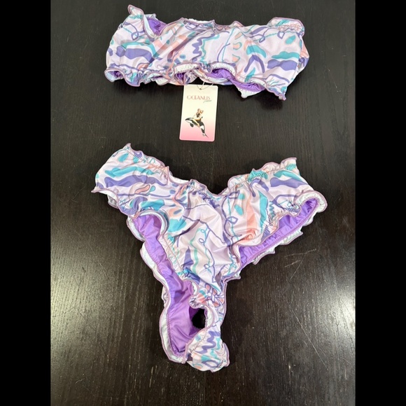 Oceanus Teresa Ruffled Frilly Swirl Abstract Print Bandeau Bikini Set Size M - Picture 5 of 12